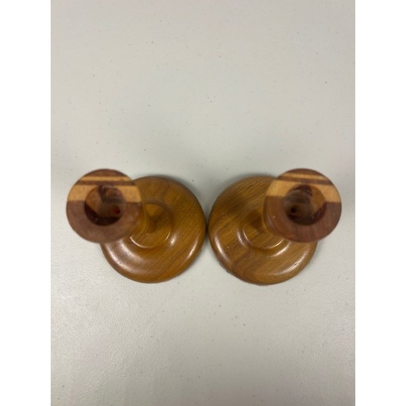 Vintage Mid Century Modern Inlaid Wood Taper Candlestick Holders Set of 2 MCM - Picture 4 of 11